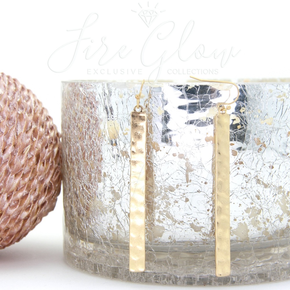 Gold Tone Long Bar Hammered Metal Hook Earrings - Picture 6 of 8